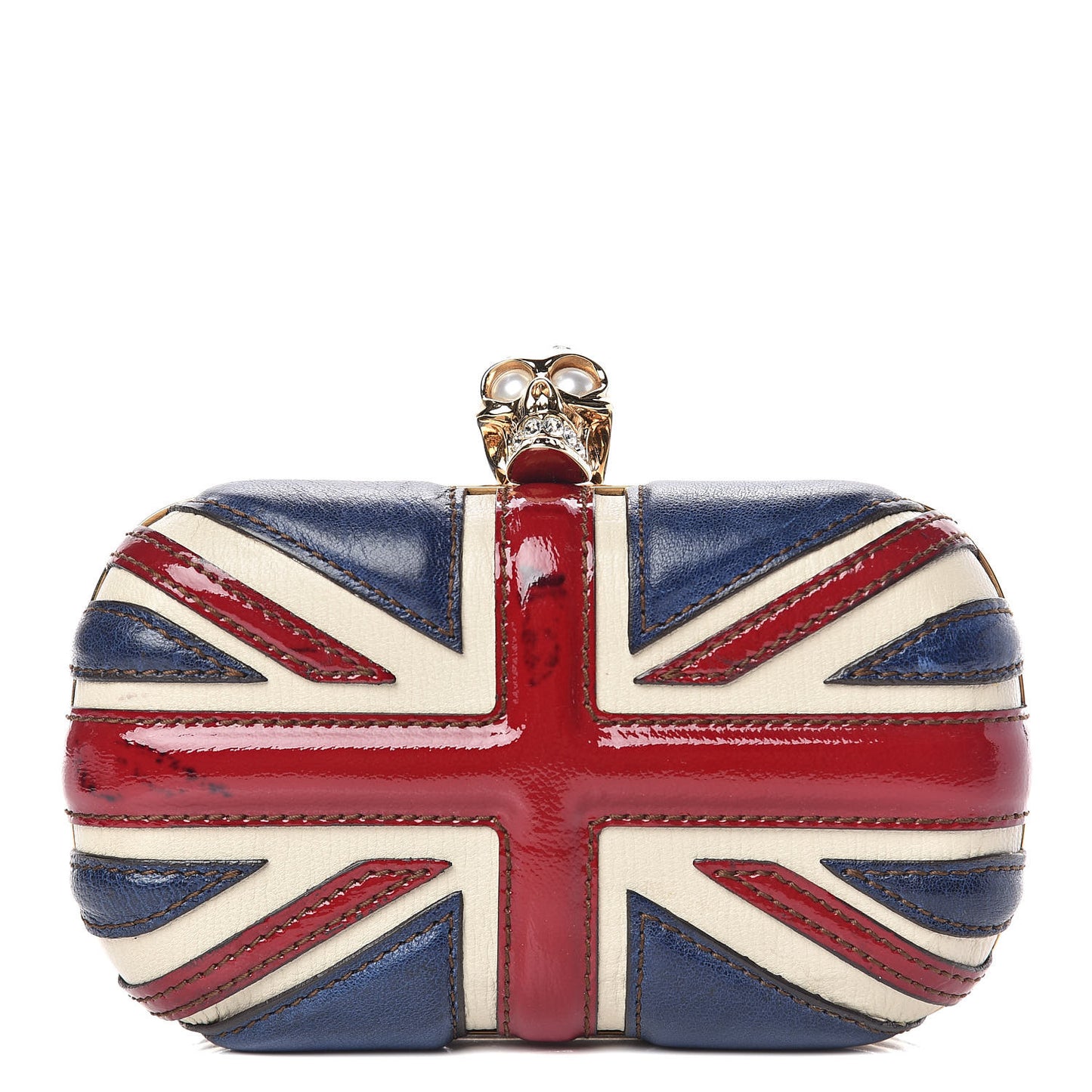 Patent Calfskin Britannia Skull Box Clutch Red Blue