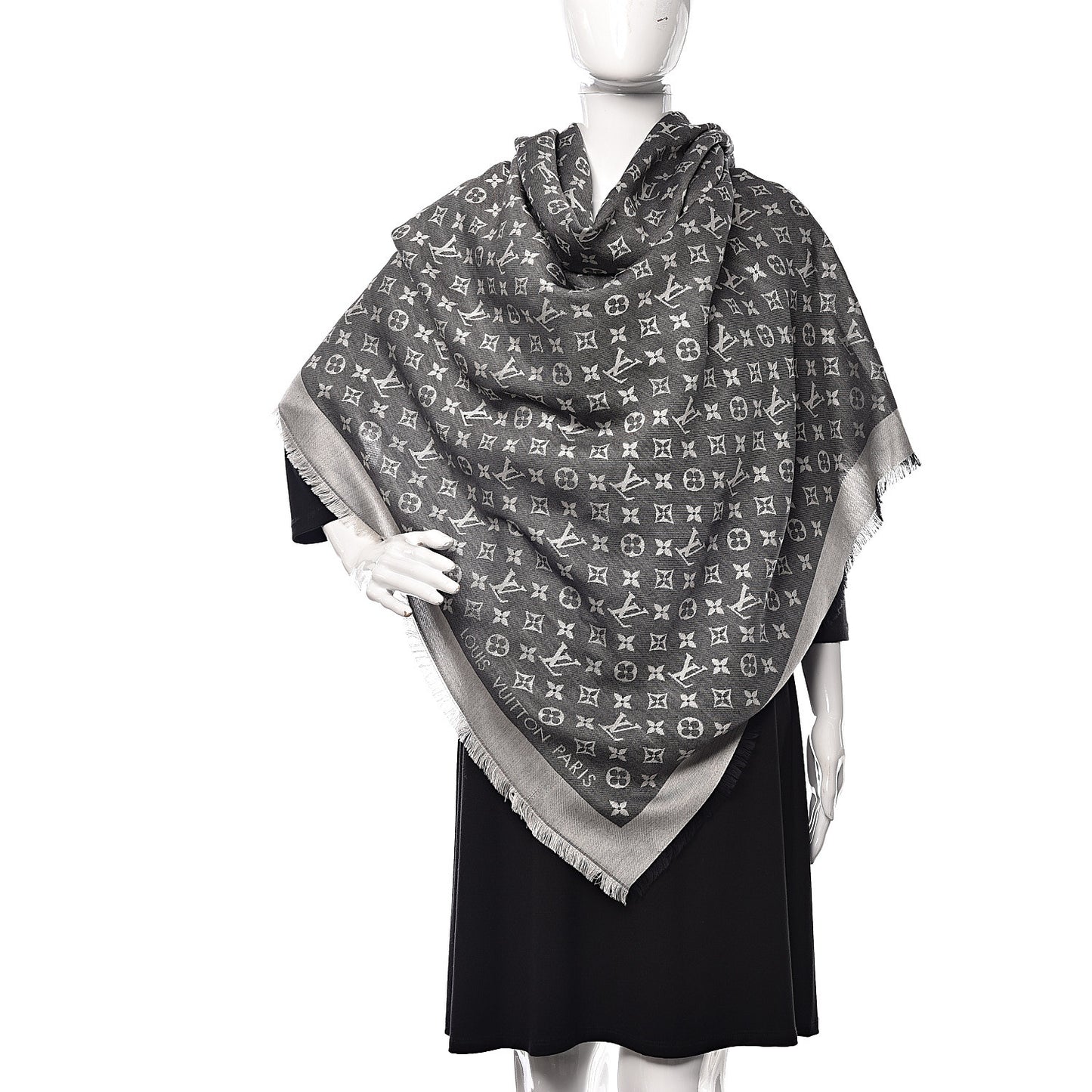 Wool Silk Monogram Denim Shawl Black