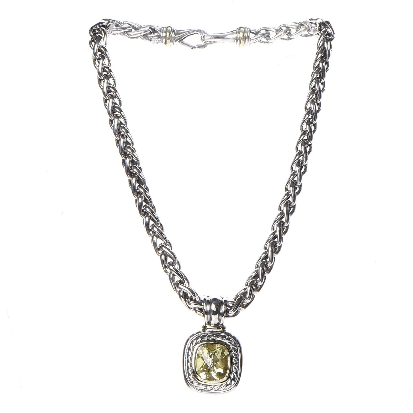 Sterling Silver 14K Yellow Gold Lemon Quartz Albion Pendant Wheat Chain Necklace