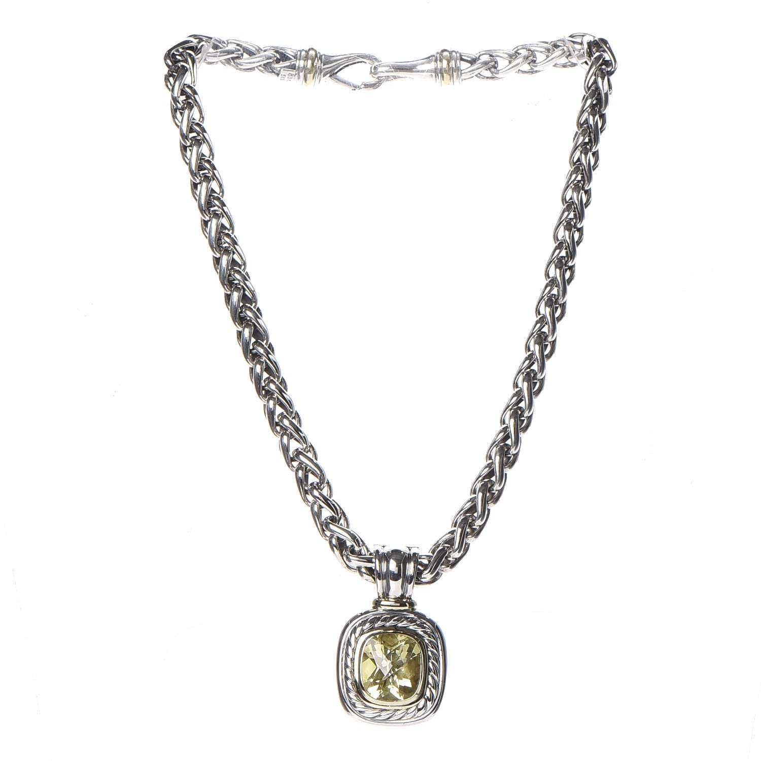 David Yurman Sterling Silver 14K Yellow Gold Lemon Quartz Albion Pendant Wheat Chain Necklace 3 of 7