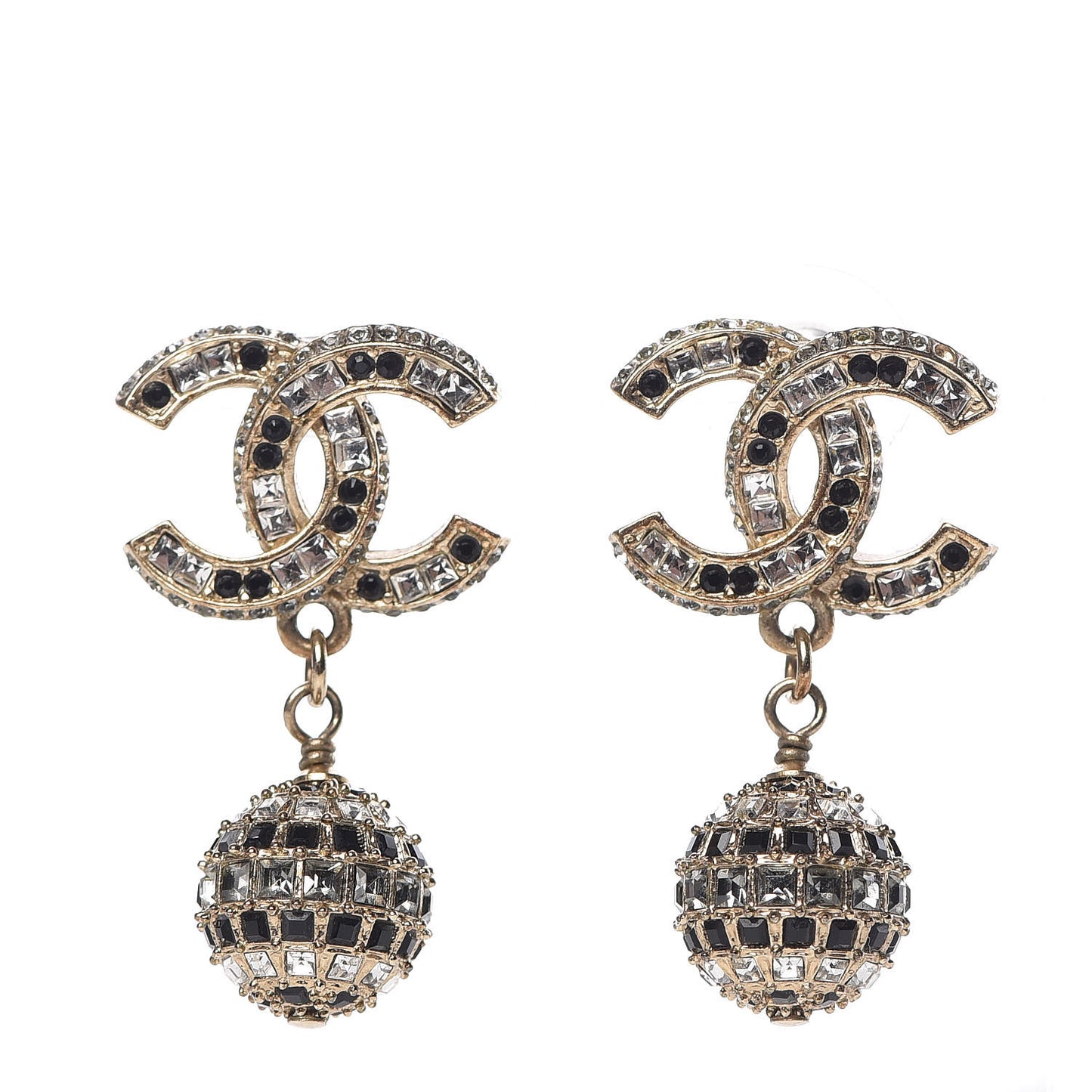 Baguette Crystal CC Drop Earrings Gold Black
