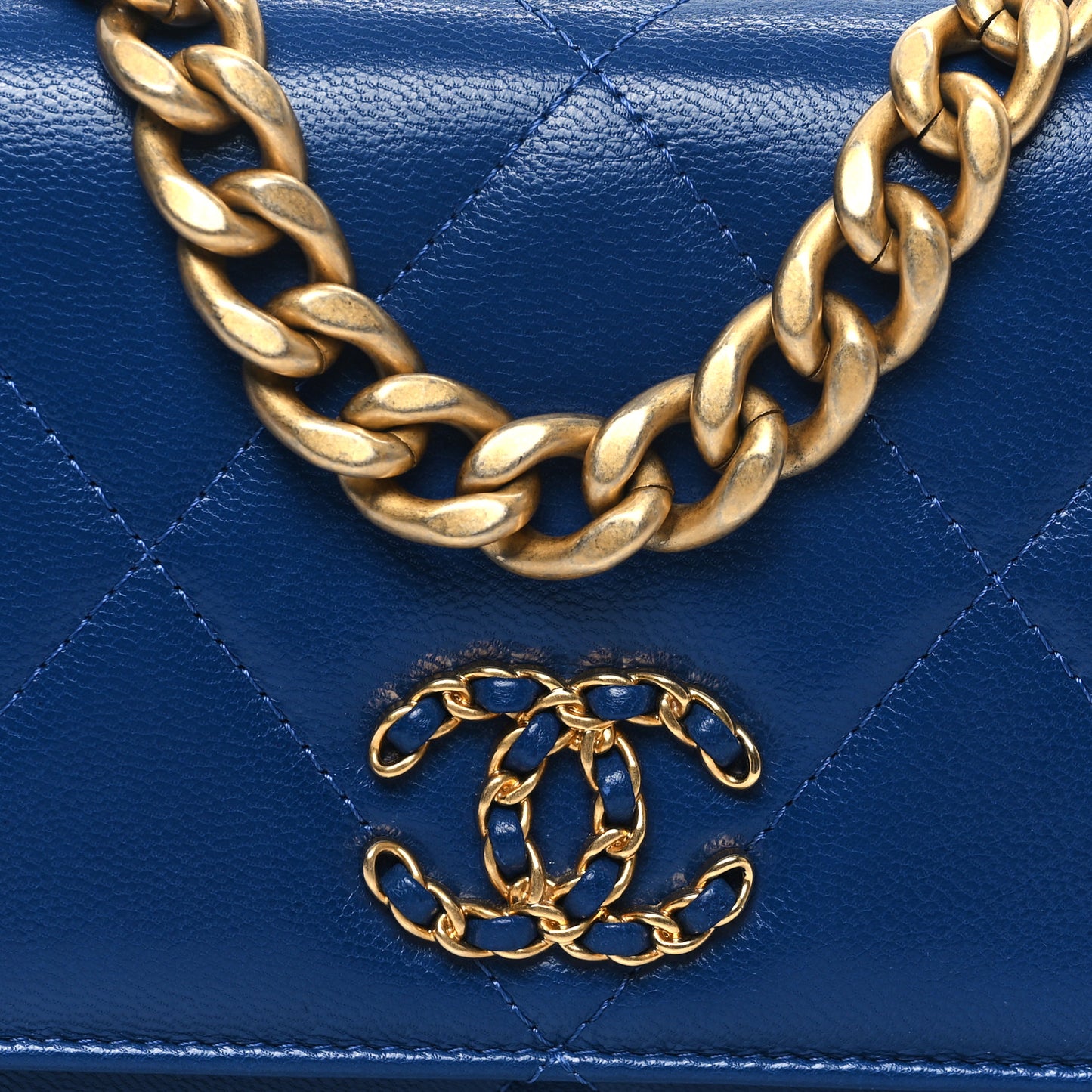 Shiny Goatskin Quilted Chanel 19 Wallet On Chain WOC  Blue