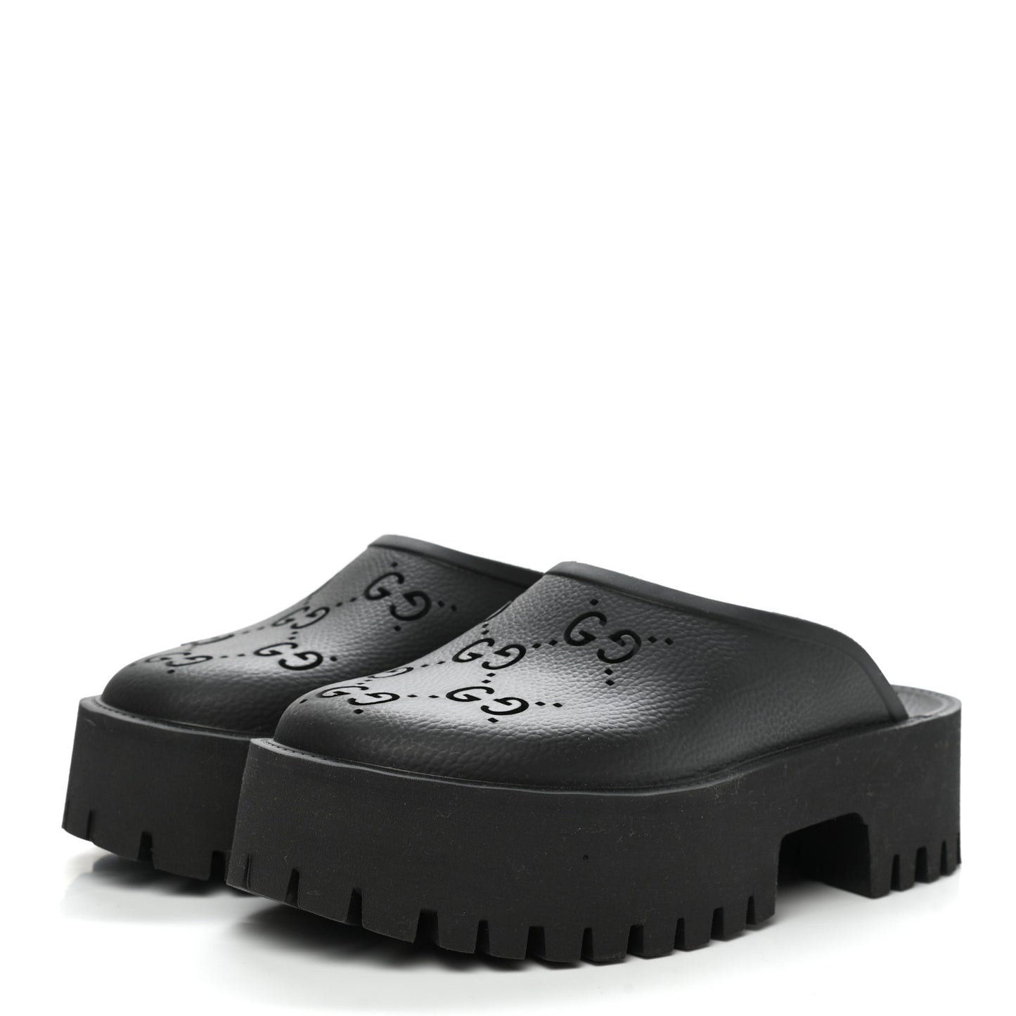 Rubber GG Monogram Perforated Elea Platform 55mm Lug Sole Sandals 38 Black