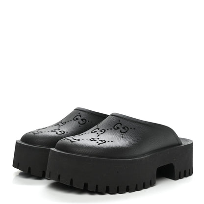 Gucci Rubber GG Monogram Perforated Elea Platform 55mm Lug Sole Sandals 38 Black 3 of 9