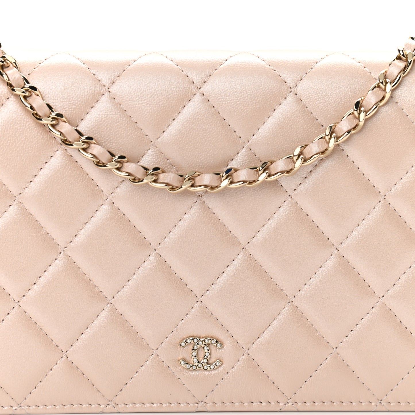 Iridescent Lambskin Quilted Pearl Wallet On Chain WOC Light Beige