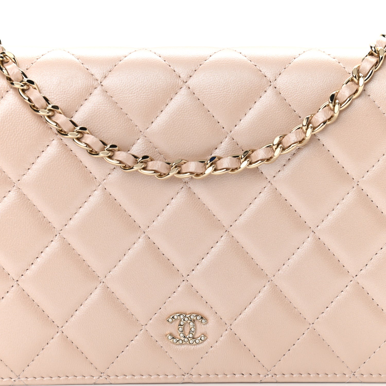 Chanel Iridescent Lambskin Quilted Pearl Wallet On Chain WOC Light Beige 9 of 13