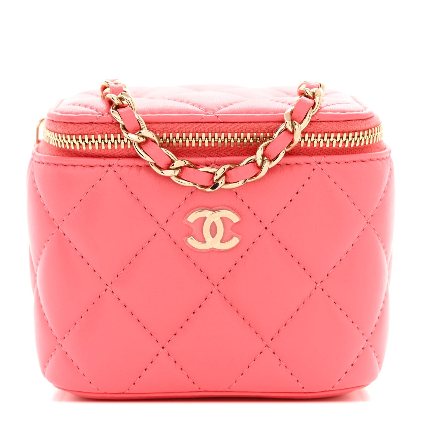 Lambskin Quilted Mini Vanity Case With Chain Pink