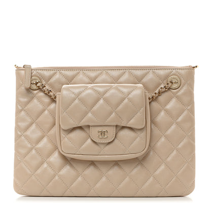 Chanel Iridescent Lambskin Quilted Pouch With Flap Beige 1 of 10