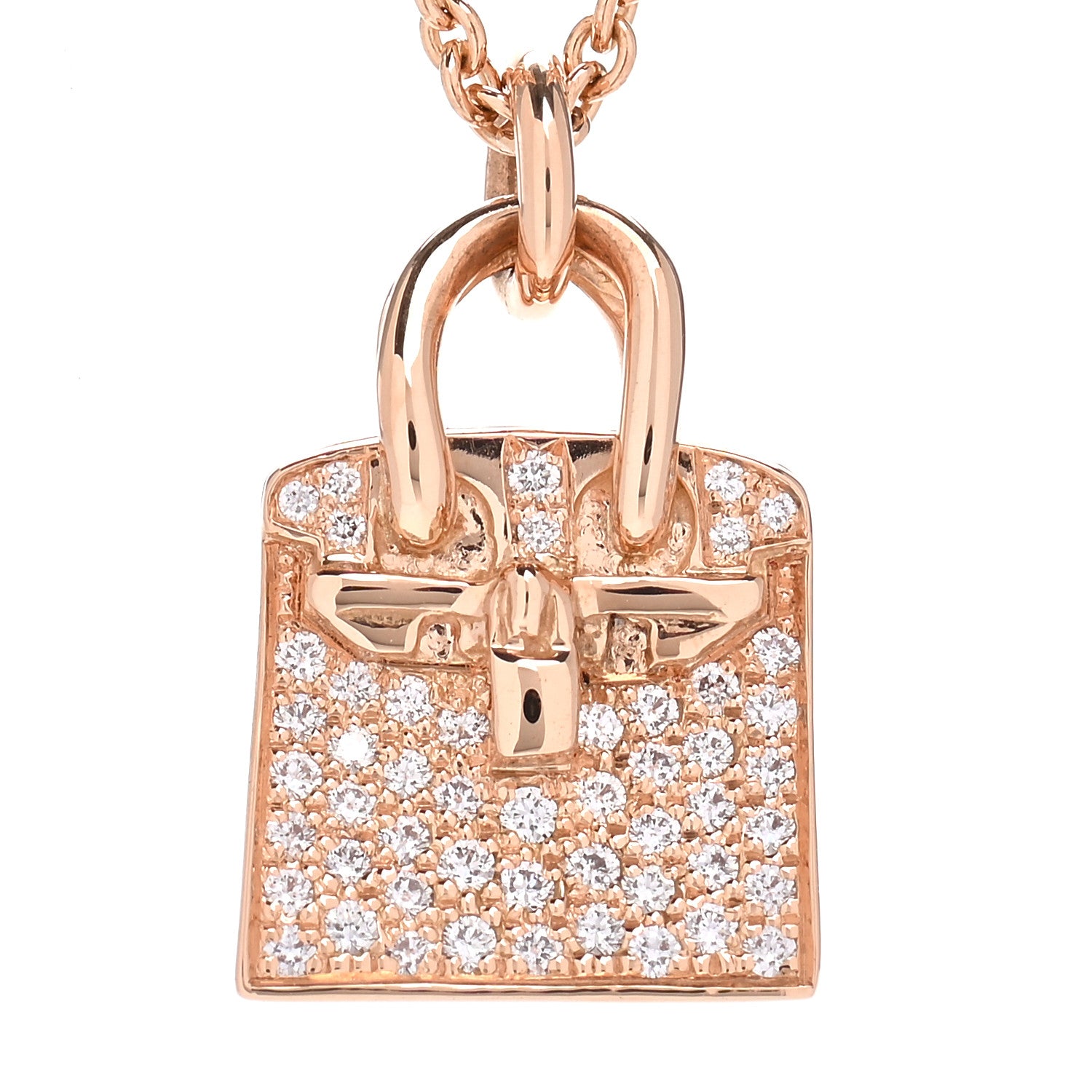 Hermes 18K Rose Gold Diamond Birkin Amulette Pendant Necklace 4 of 6