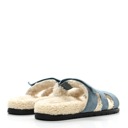 Hermes Suede Goatskin Woolskin Womens Chypre Sandals 37 Bleu Pinede Ecru 4 of 9