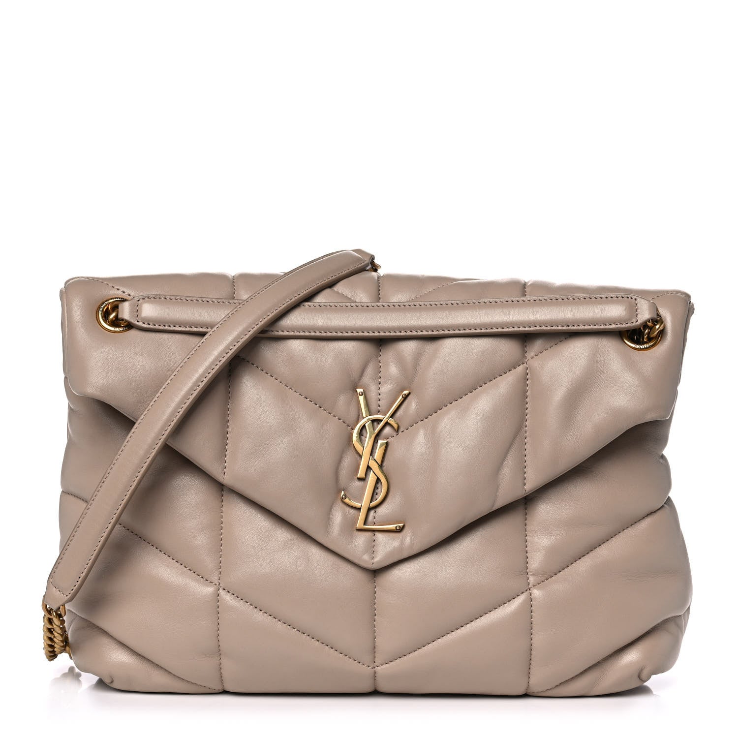 Saint Laurent Lambskin Quilted Medium Loulou Puffer Monogram Chain Satchel Dark Beige 1 of 14