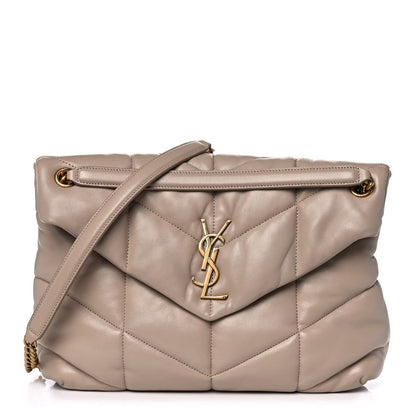Saint Laurent Lambskin Quilted Medium Loulou Puffer Monogram Chain Satchel Dark Beige 1 of 14