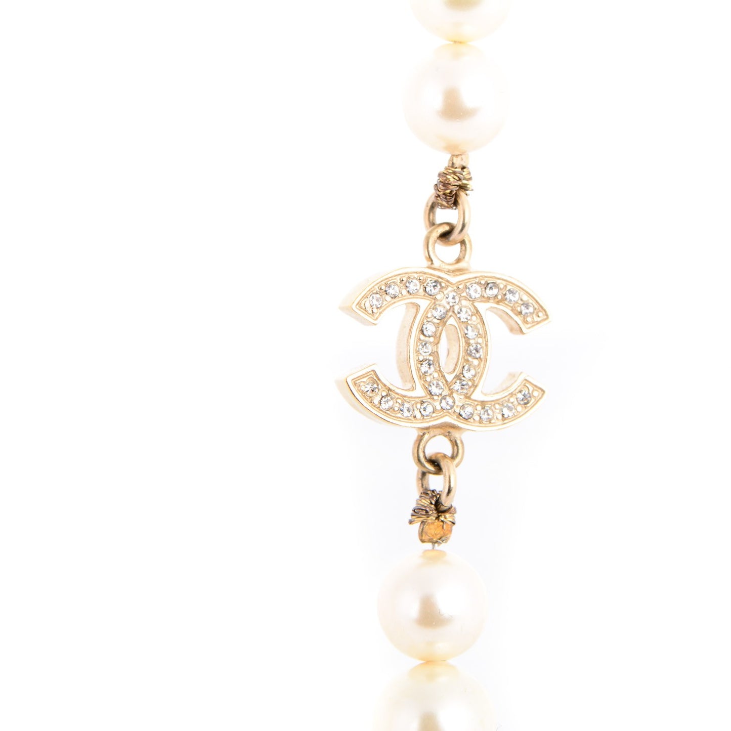 Graduated Pearl Crystal CC Long Necklace Gold