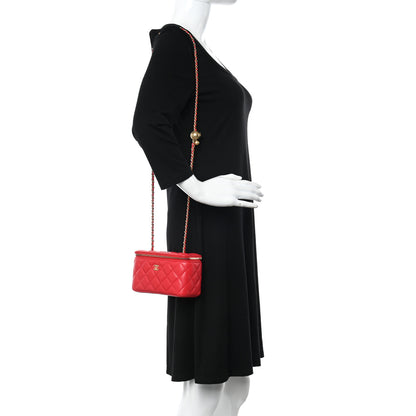 Chanel Lambskin Quilted Small Pearl Crush Vanity Case With Chain Red 2 of 11