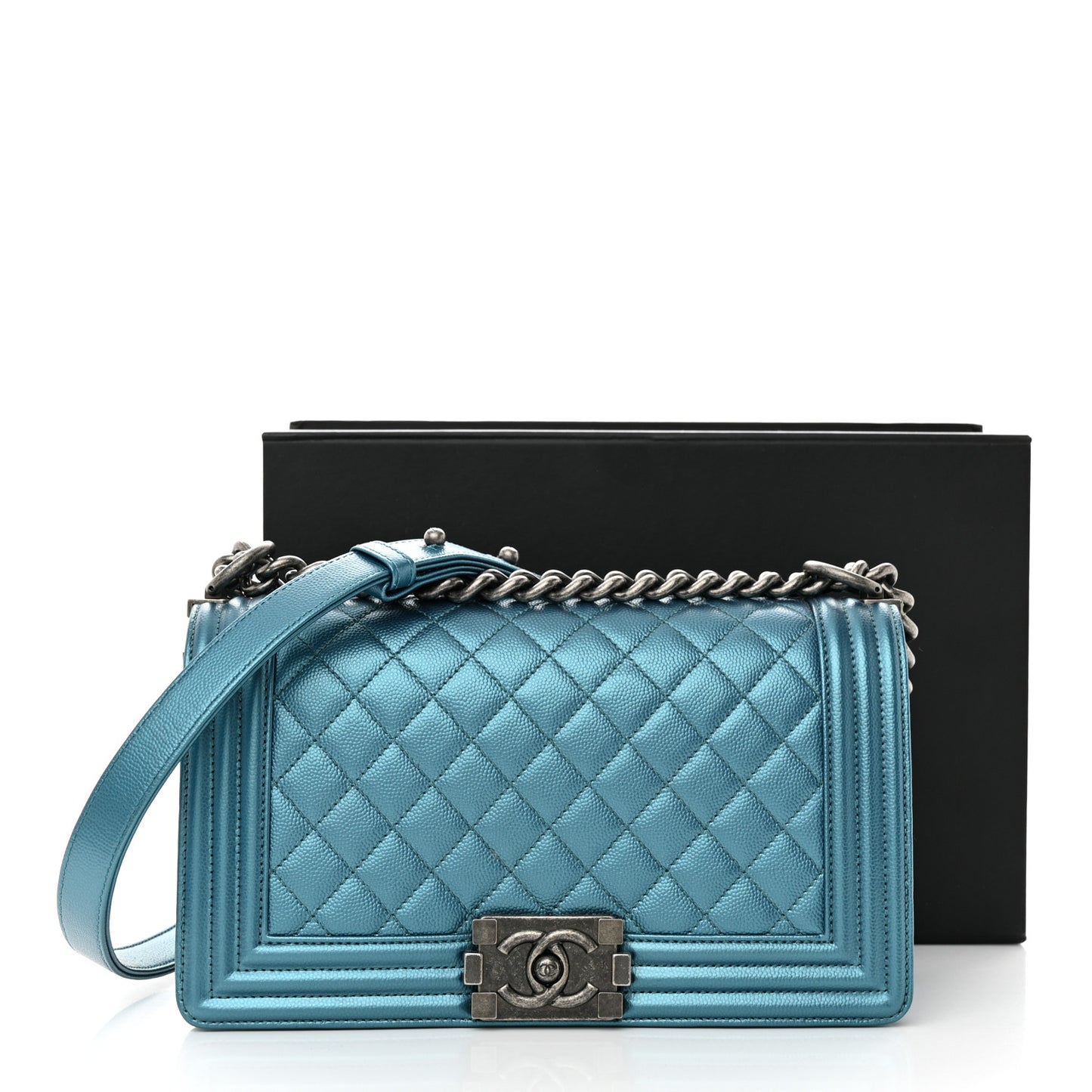 Metallic Caviar Quilted Medium Boy Flap Turquoise