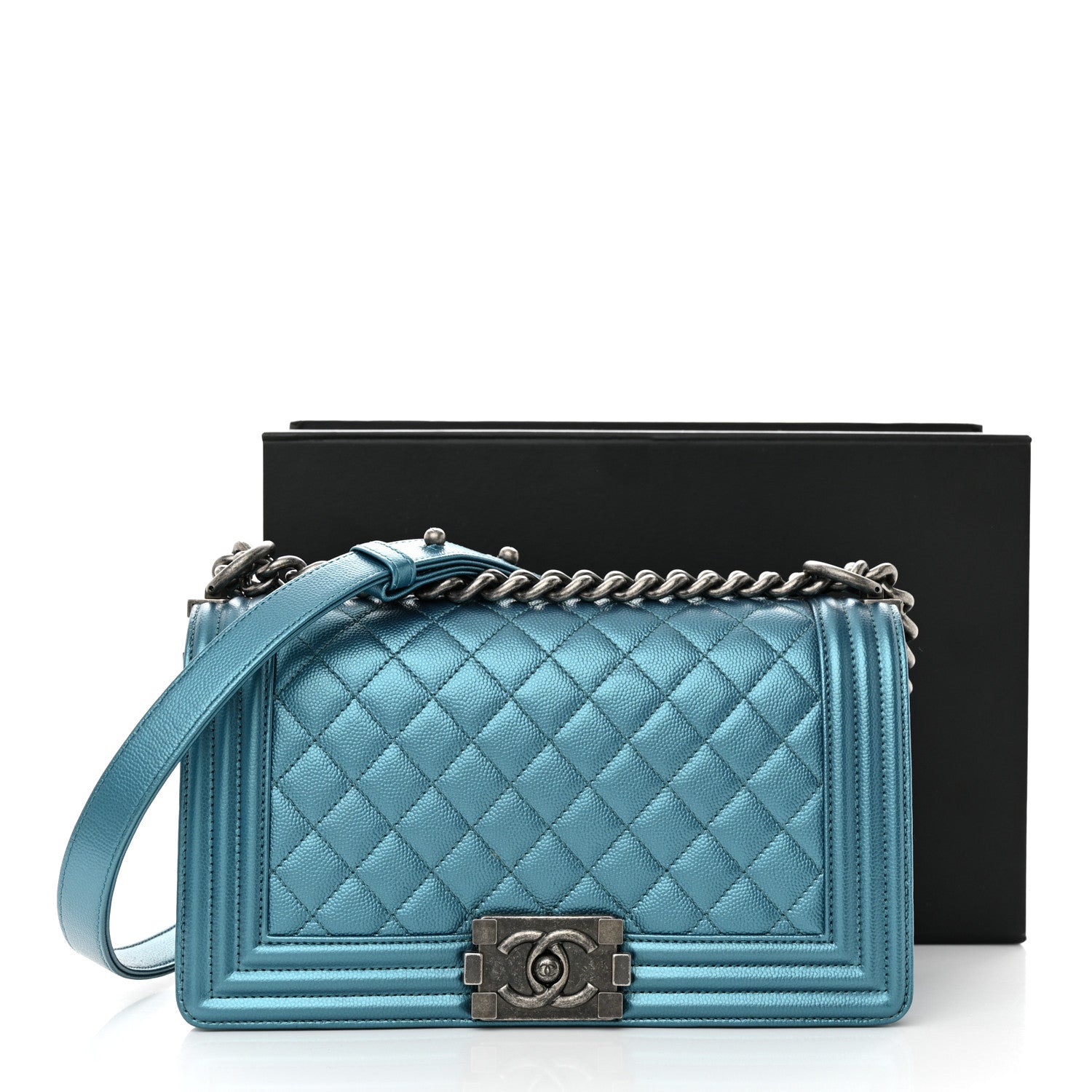 Chanel Metallic Caviar Quilted Medium Boy Flap Turquoise 11 of 11