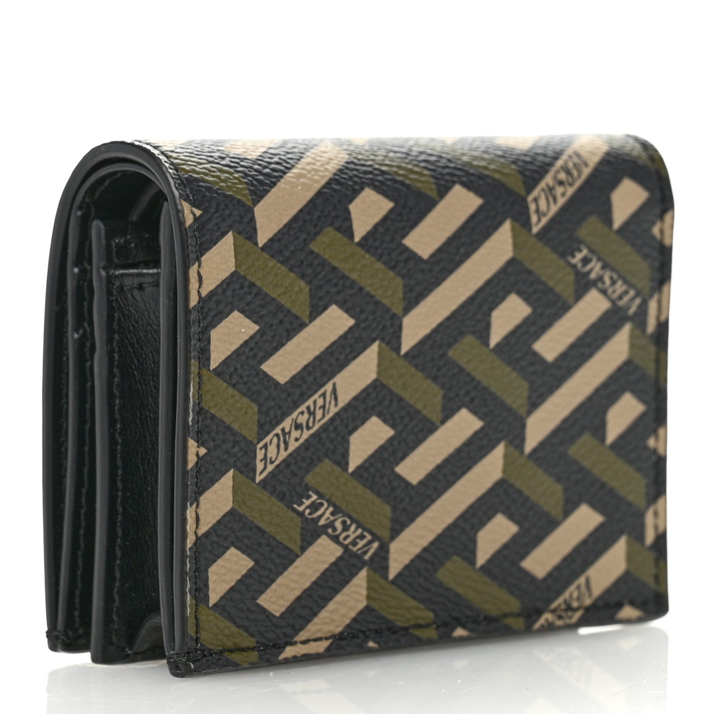 Coated Canvas La Greca Signature Print Virtus Bifold Wallet  Black Khaki