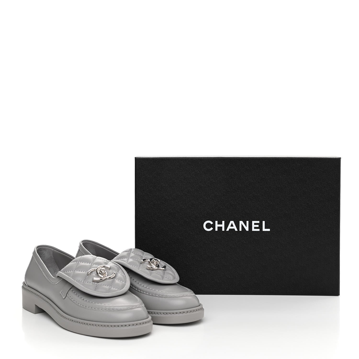 Chanel Lambskin Quilted CC Turnlock Loafers 37 Grey 9 of 9