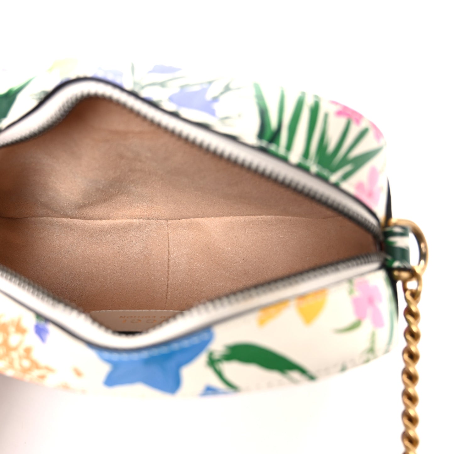 X KEN SCOTT Calfskin Matelasse Floral Print Mini GG Marmont Chain Shoulder Bag Ivory Pink