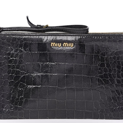 Miu Miu Embossed Crocodile Glazed Calfskin Wristlet Black 12 of 12