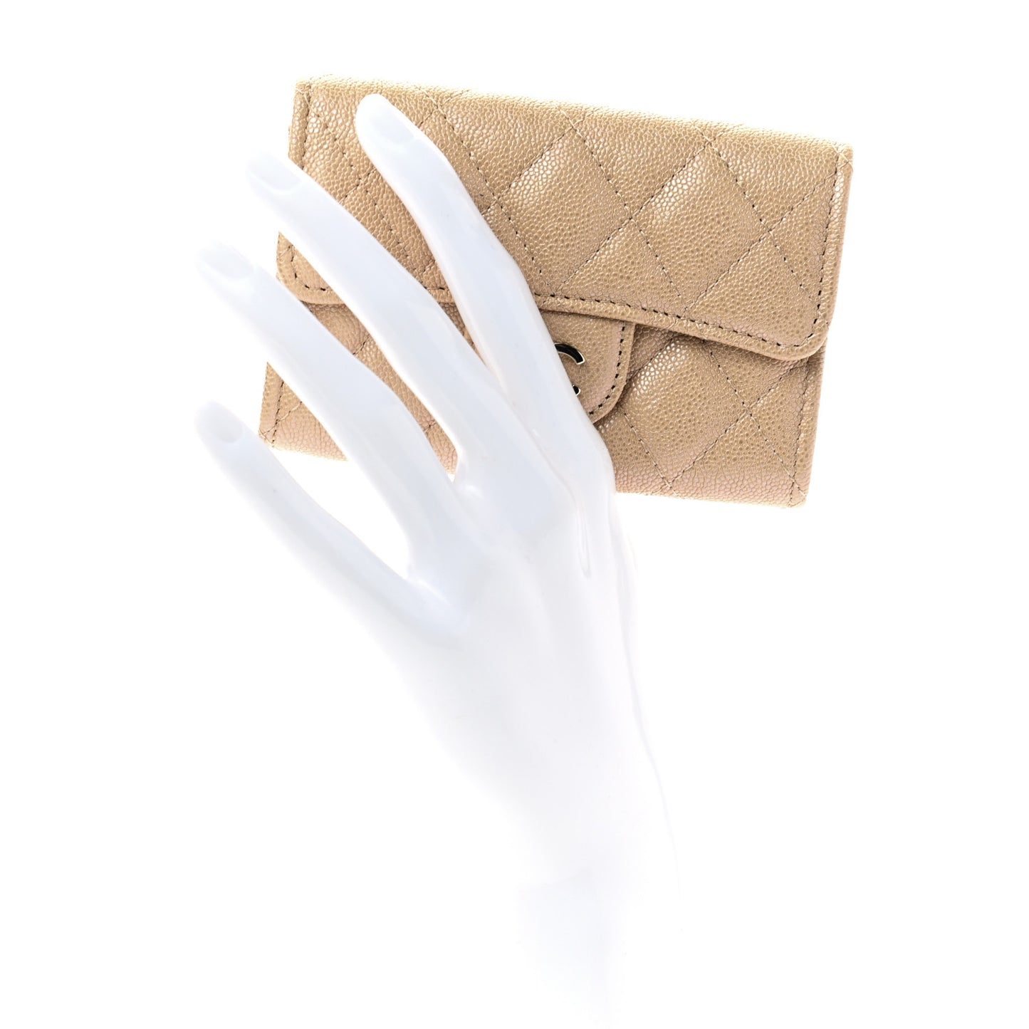 Iridescent Caviar Quilted Flap Card Holder Beige