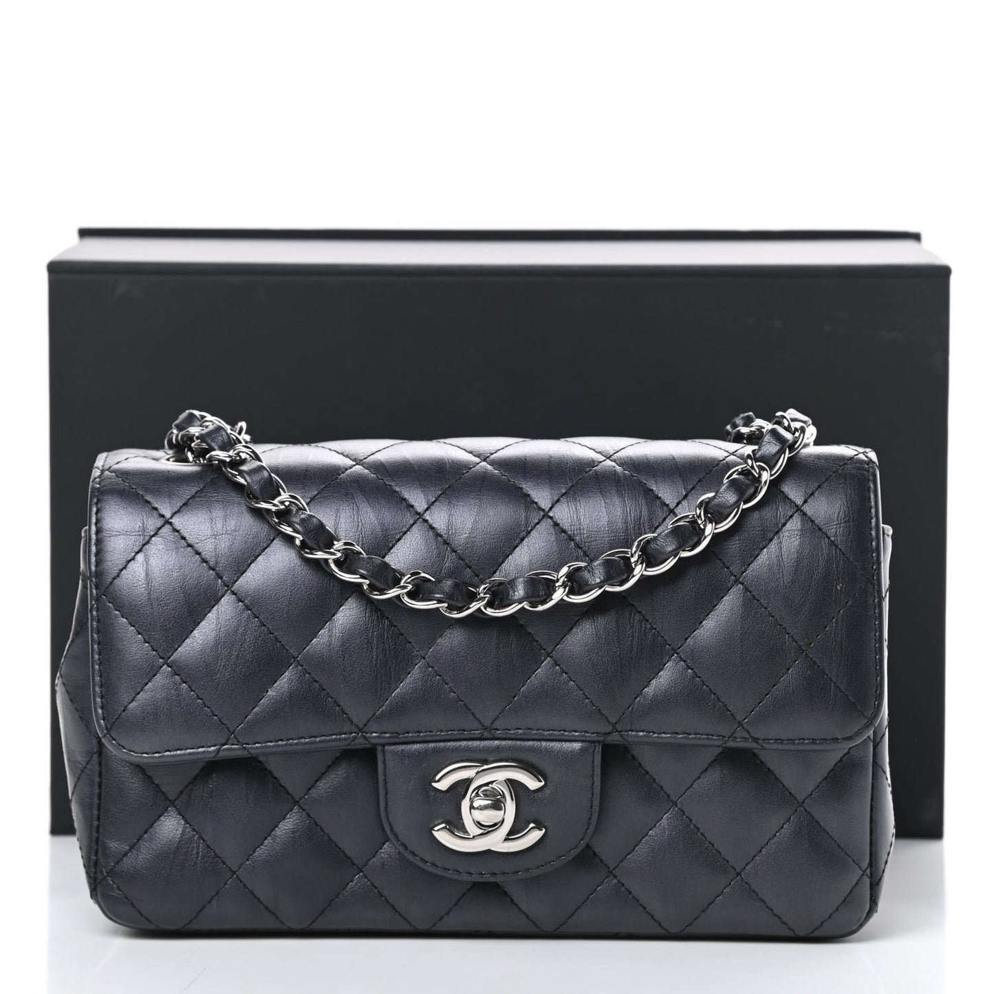 Iridescent Calfskin Quilted Mini Rectangular Flap Charcoal