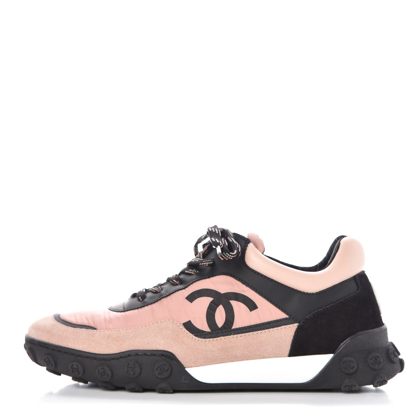 Nylon Calfskin Suede CC Womens Sneakers 38 Pink Black