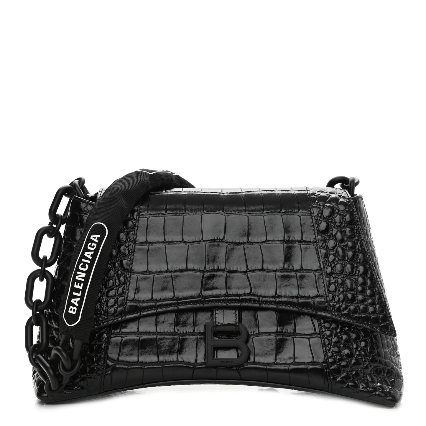 Calfskin Crocodile Embossed Monochrome S Downtown Chain Shoulder Bag Black