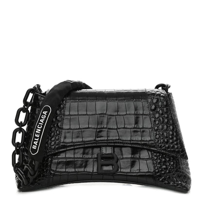 Balenciaga Calfskin Crocodile Embossed Monochrome S Downtown Chain Shoulder Bag Black 1 of 11