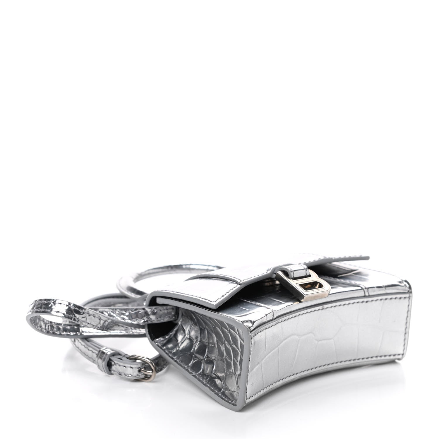 Balenciaga Metallic Calfskin Crocodile Embossed Hourglass Top Handle Bag Mini Silver 4 of 8