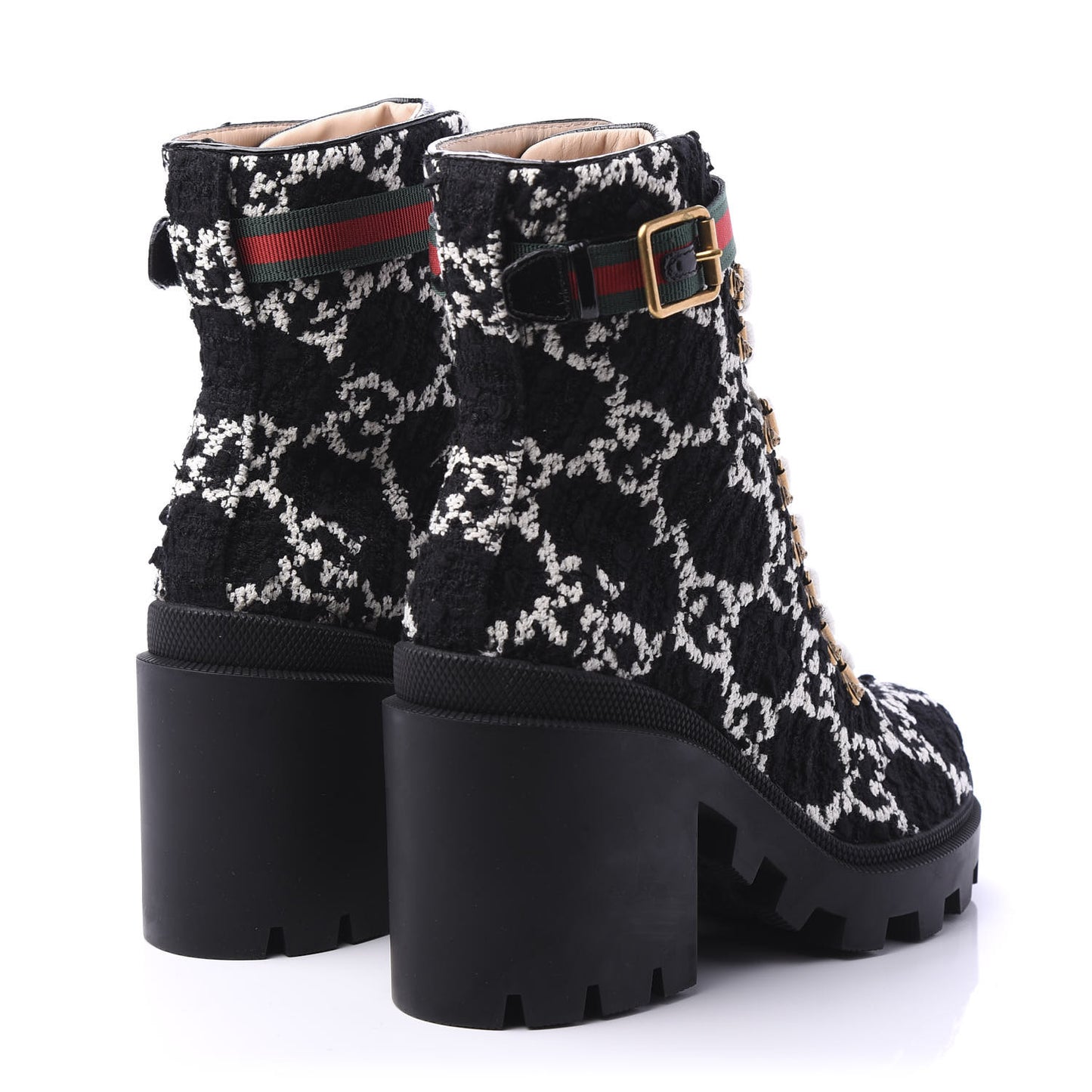 Tweed GG Monogram Lace Up Combat Ankle Boots 38 Black