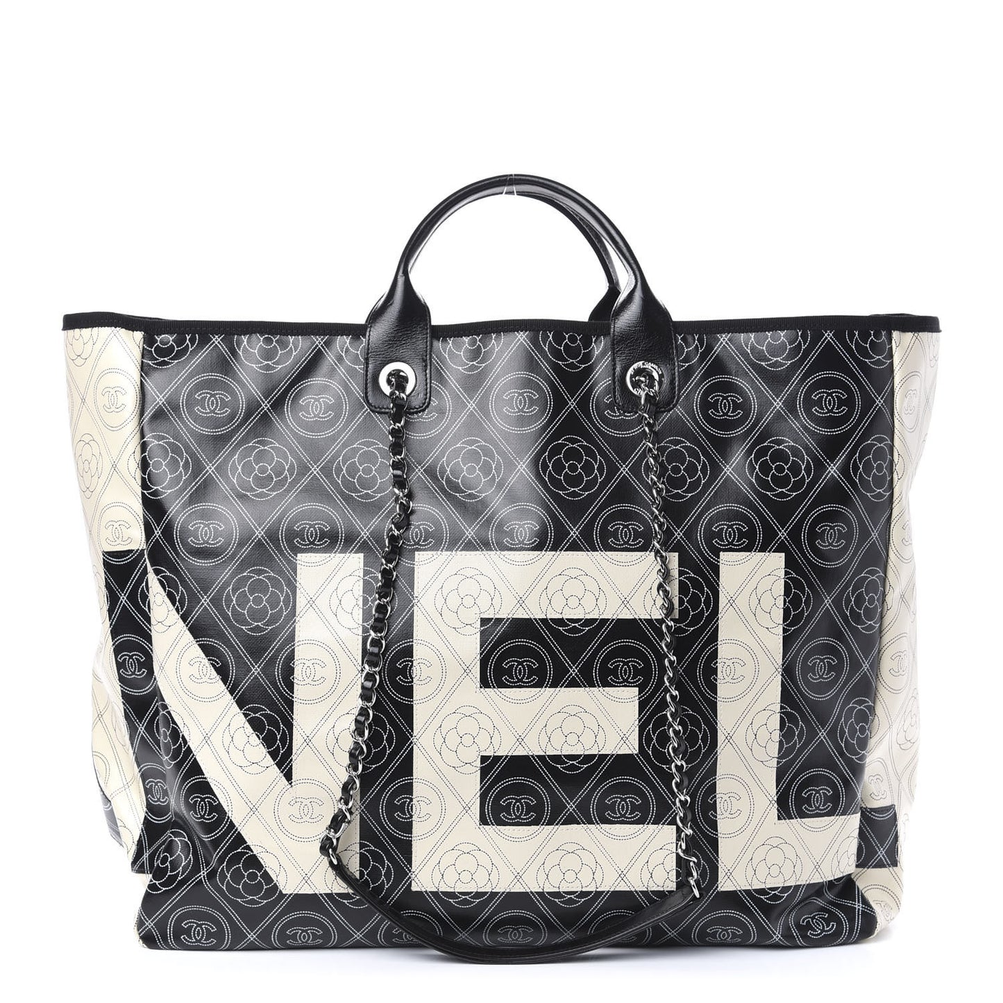 Coated Canvas Camellia Large Shopping Tote Black Beige