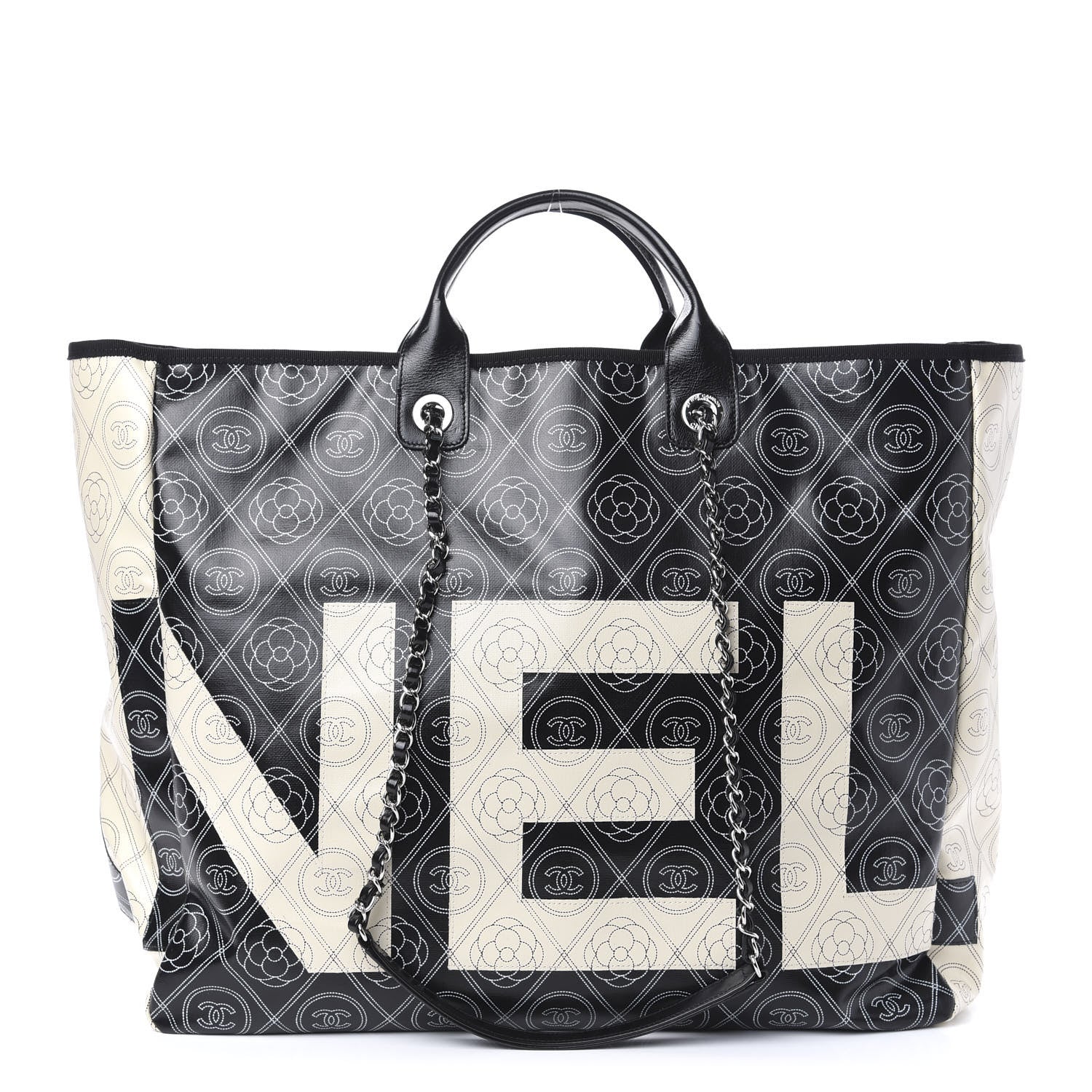 Chanel Coated Canvas Camellia Large Shopping Tote Black Beige 1 of 11
