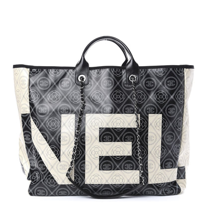 Chanel Coated Canvas Camellia Large Shopping Tote Black Beige 1 of 11