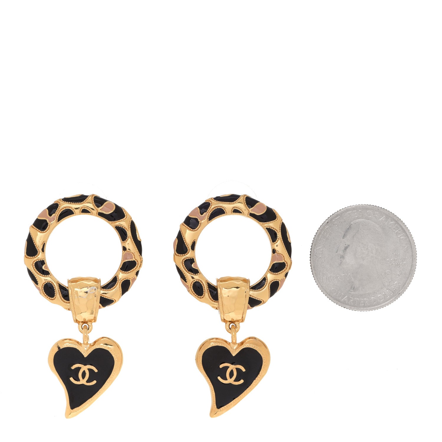 Chanel Resin CC Heart Drop Earrings Gold Black Beige 2 of 5