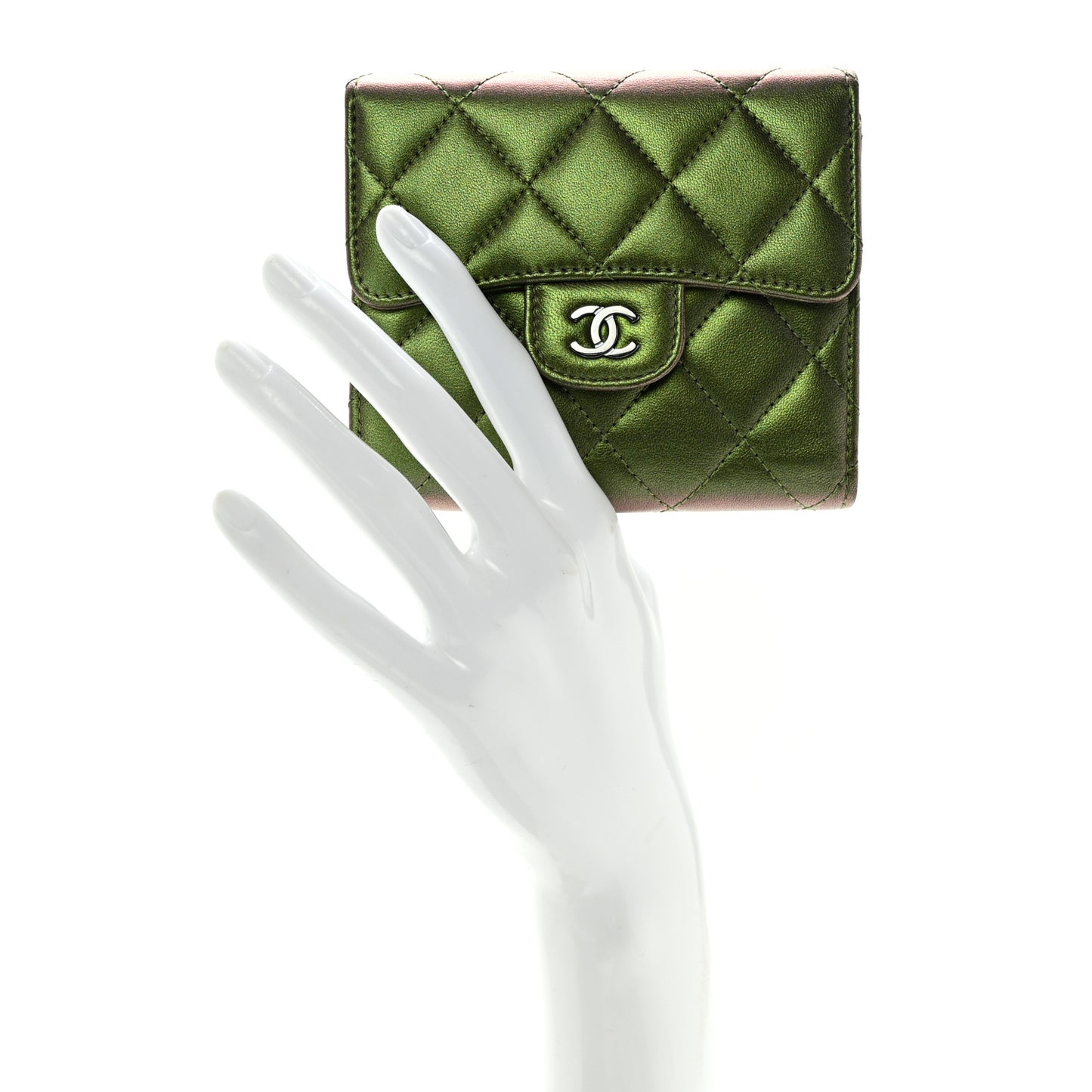 Iridescent Lambskin Quilted Small Compact Wallet Green