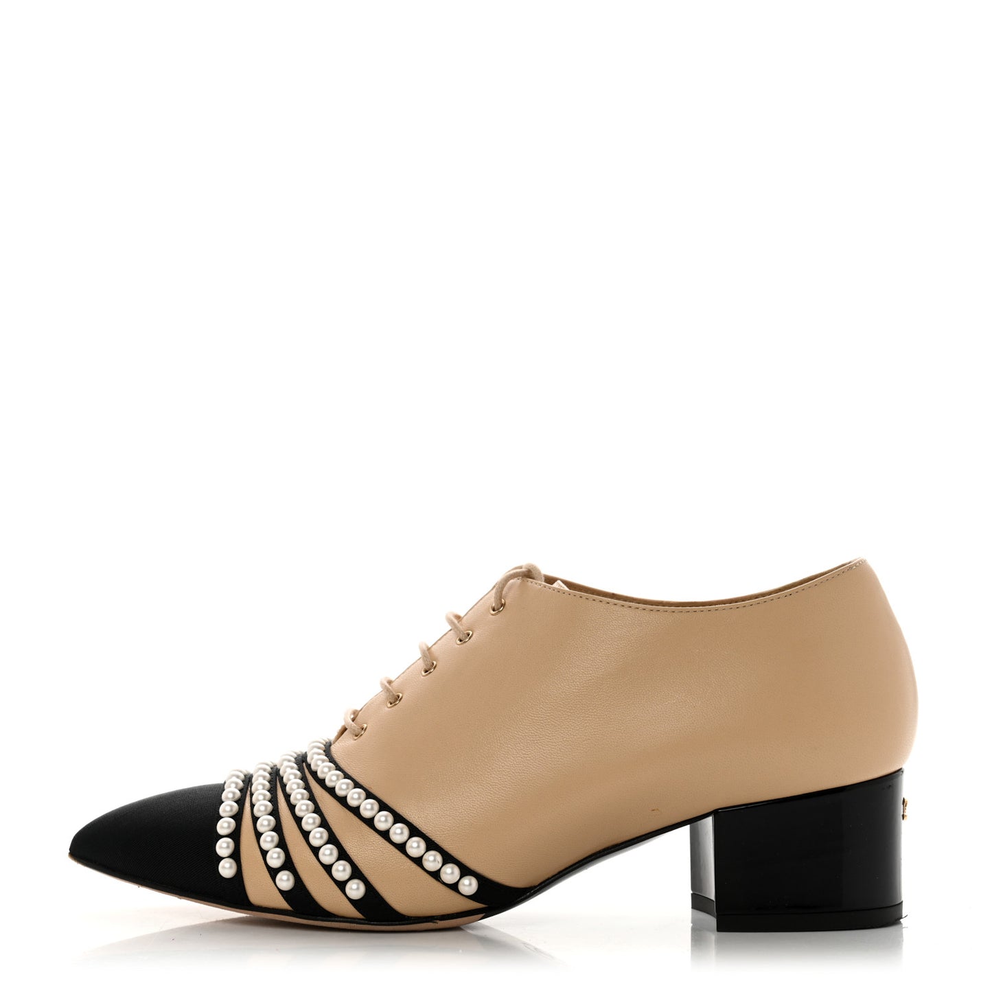 Goatskin Grosgrain Pearl Cap Toe Lace Up Oxfords 39 Beige Black