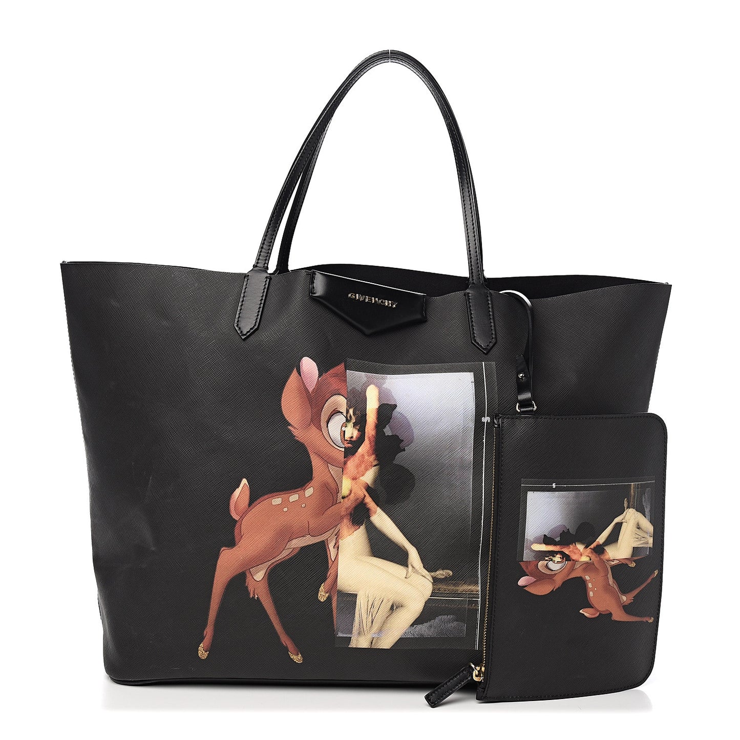 Textured Coated Canvas Bambi Print Large Antigona Tote Black