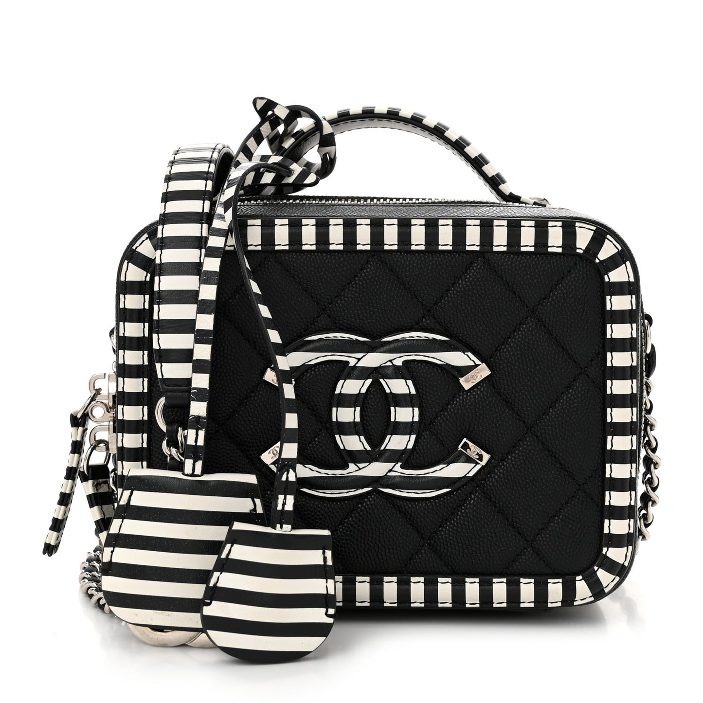 Caviar Quilted Striped Small CC Filigree Vanity Case Black White