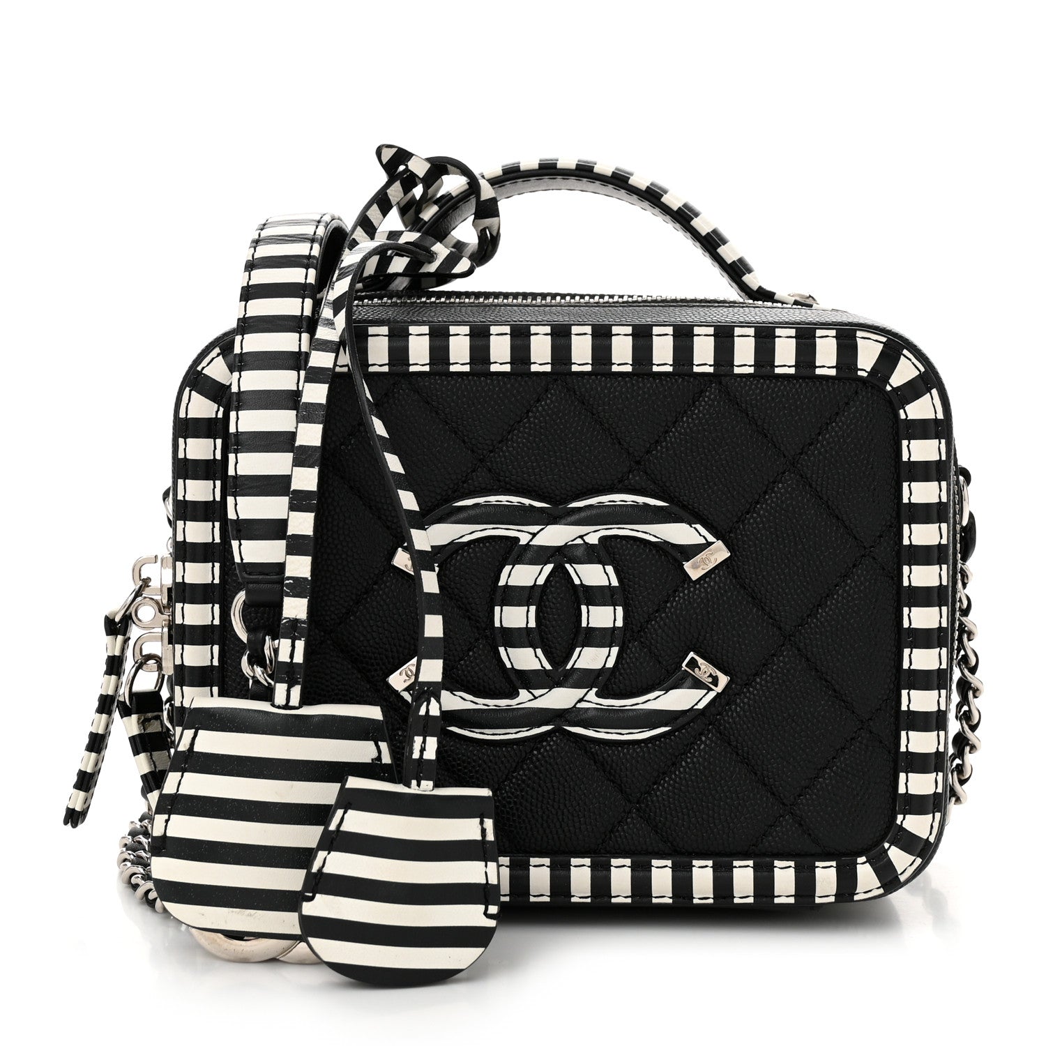 Chanel Caviar Quilted Striped Small CC Filigree Vanity Case Black White 1 of 10