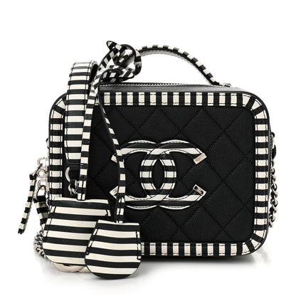 Chanel Caviar Quilted Striped Small CC Filigree Vanity Case Black White 1 of 10