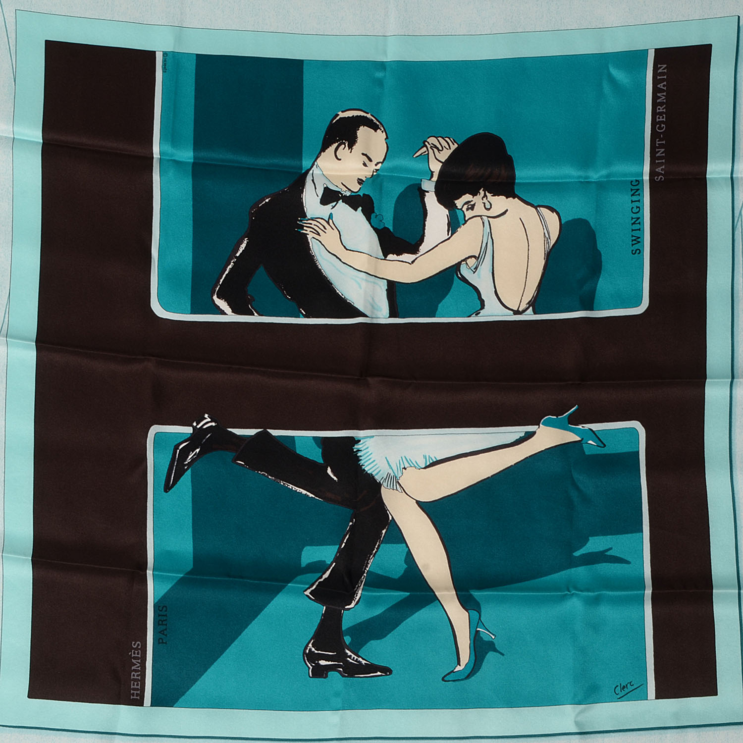 Hermes Silk Swinging Saint Germain Scarf 70 Ivory Marron Fonce Turquoise 1 of 6