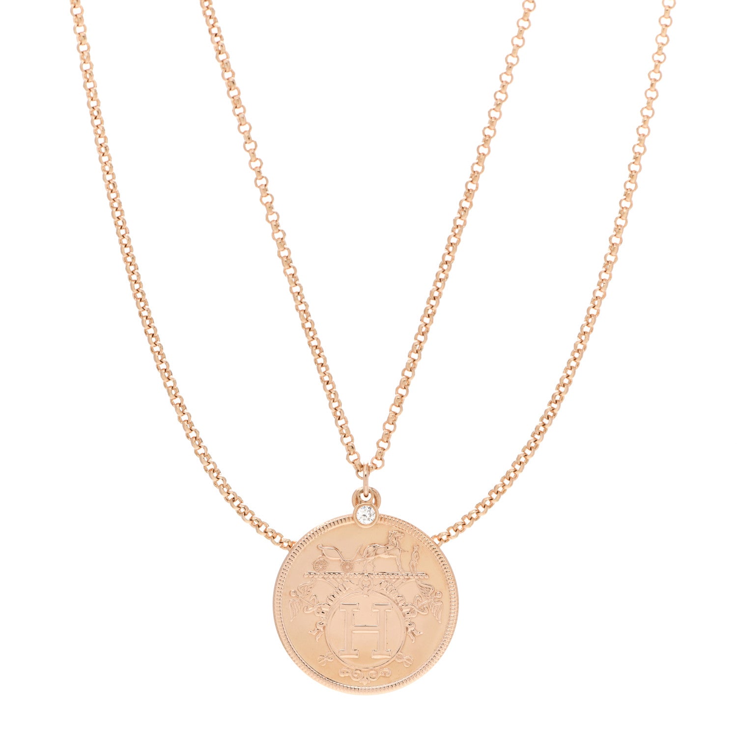 Hermes 18K Rose Gold Diamond MM Ex-Libris Pendant Necklace 1 of 5