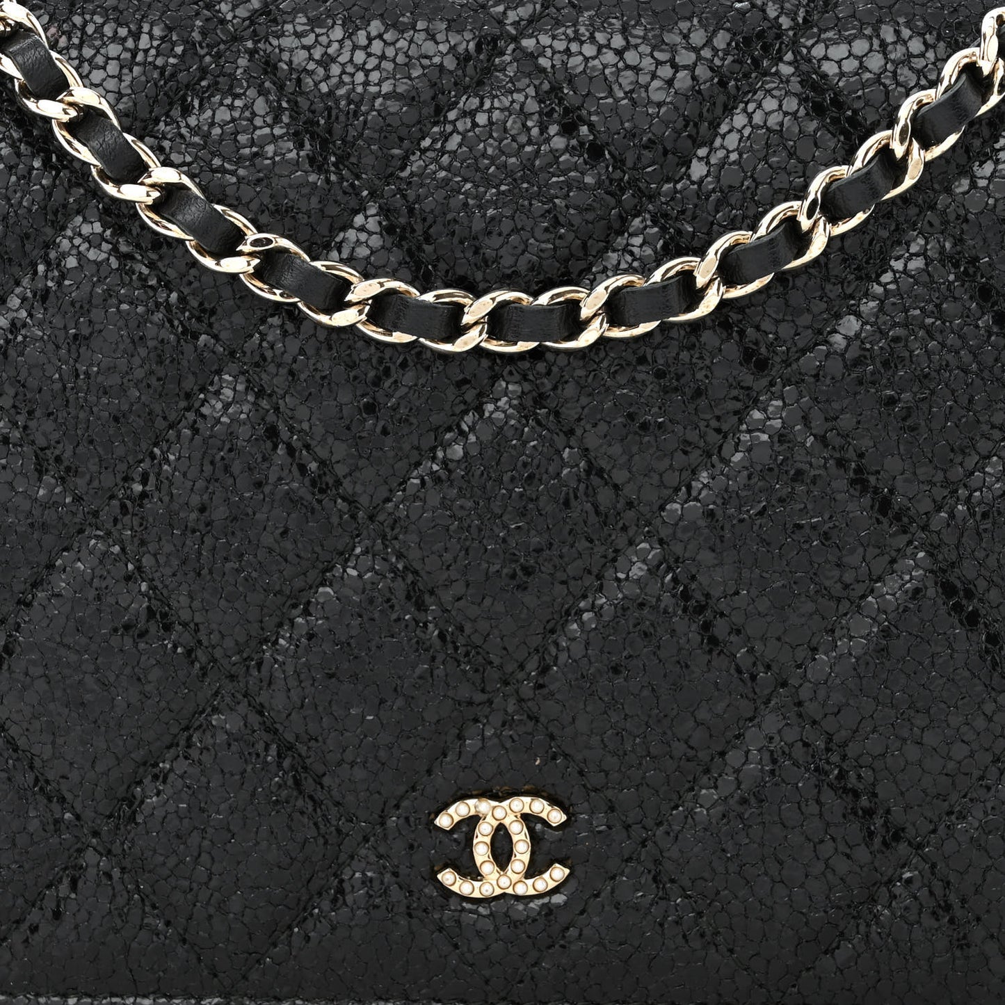 Crackled Patent Calfskin Quilted Pearl Wallet On Chain WOC Black