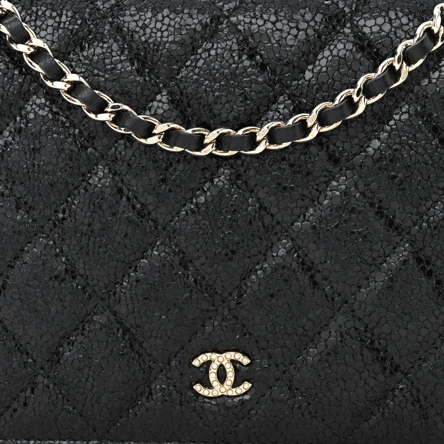 Chanel Crackled Patent Calfskin Quilted Pearl Wallet On Chain WOC Black 9 of 13