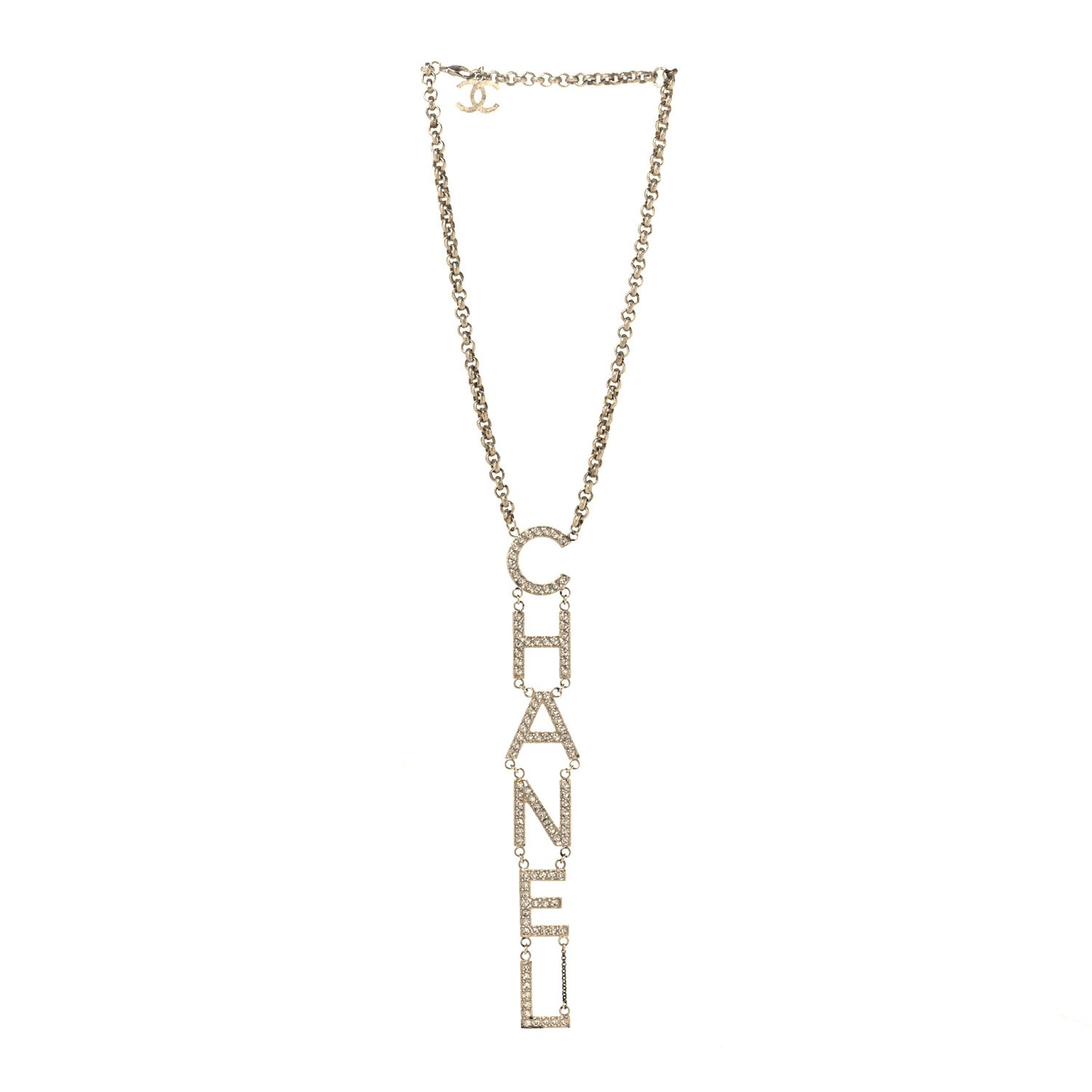 Metal Crystal Cha-Nel Logo Necklace Gold