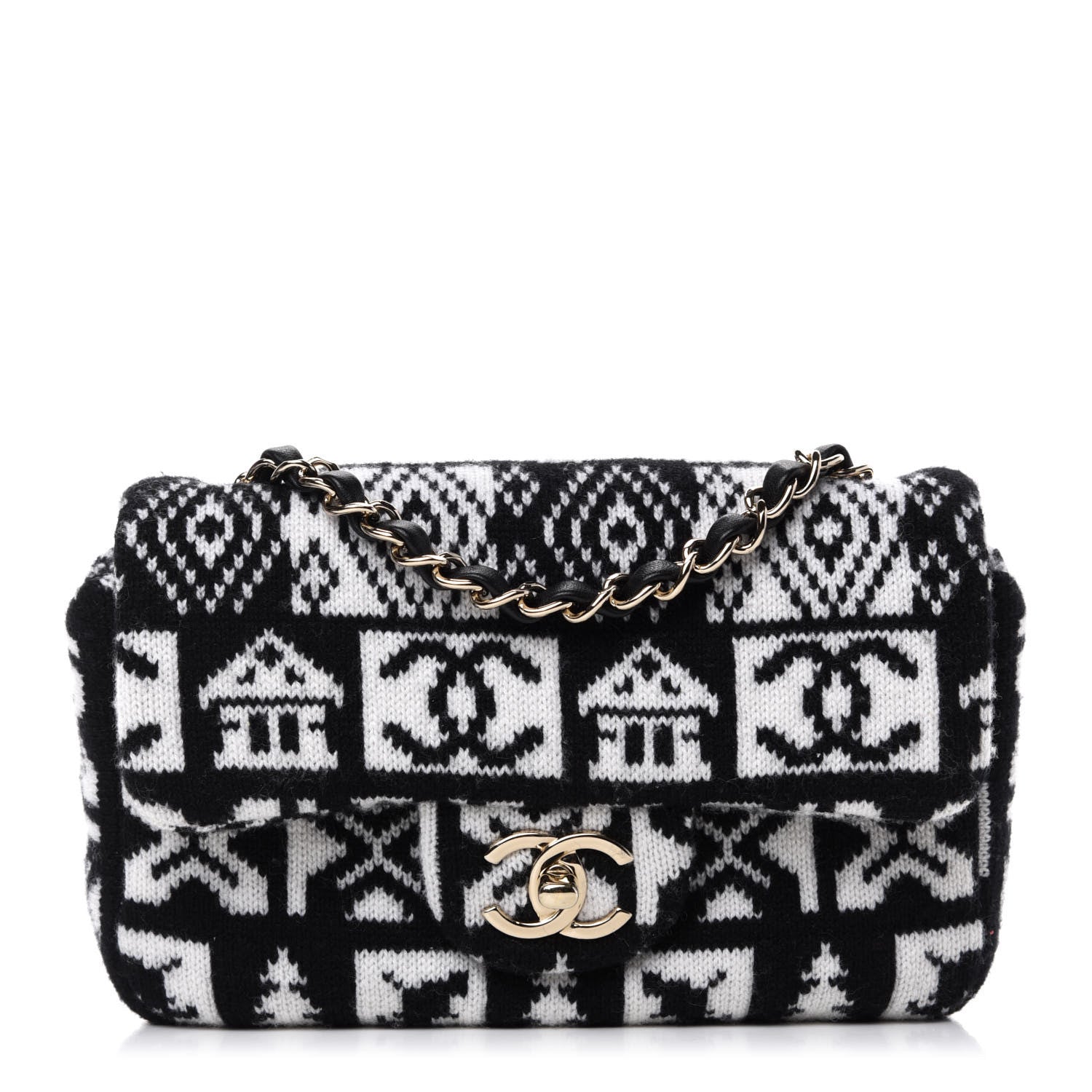 Chanel Cashmere Knit Coco Neige Flap Black White 1 of 10