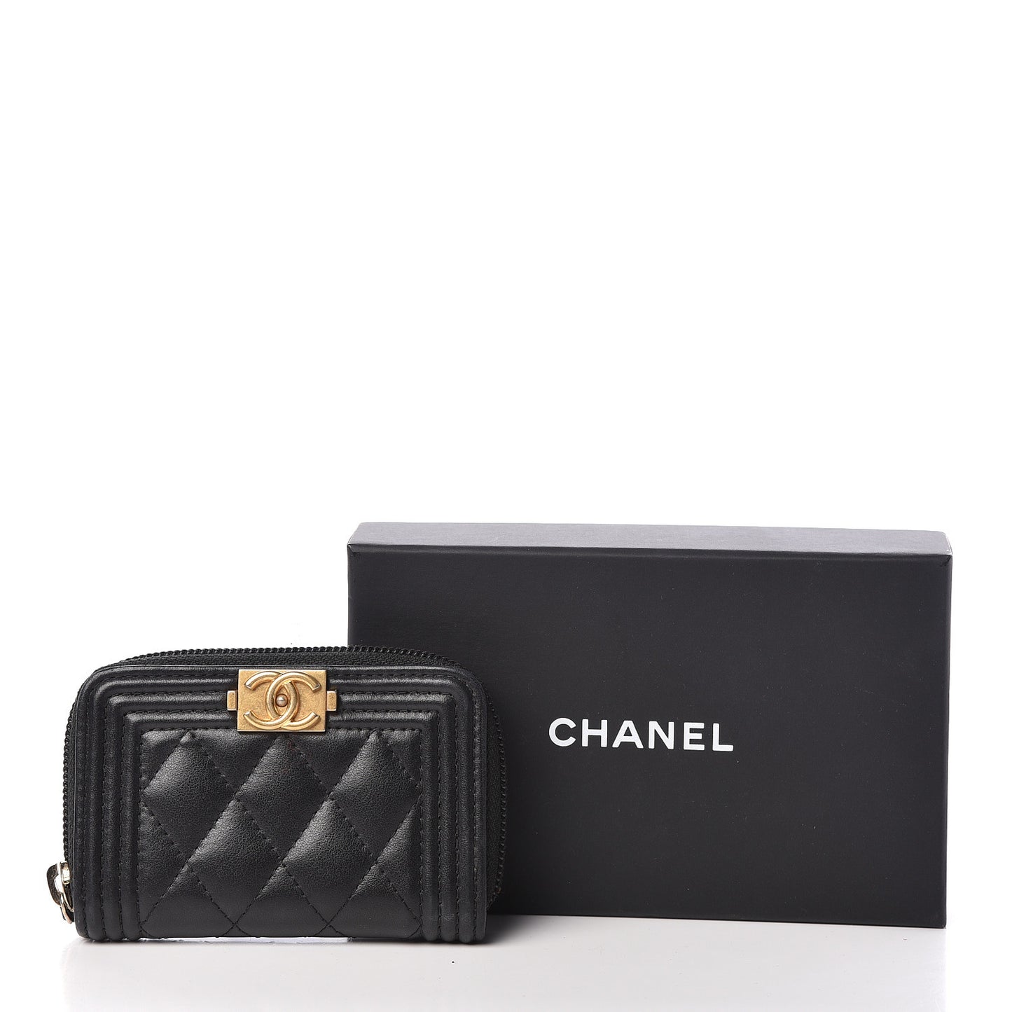 Lambskin Quilted Zip Around Boy Coin Purse Wallet Black