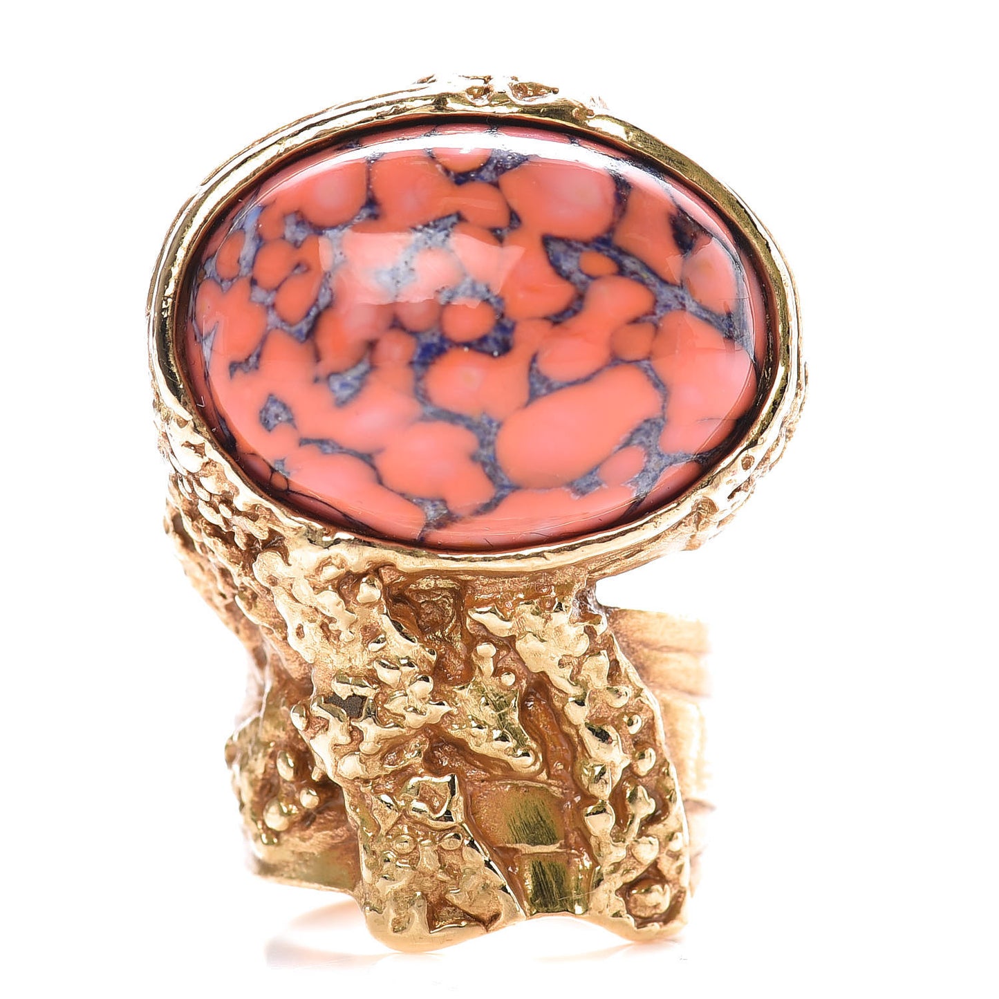 Glass Cabochon Arty Ovale Ring 8 Gold Coral