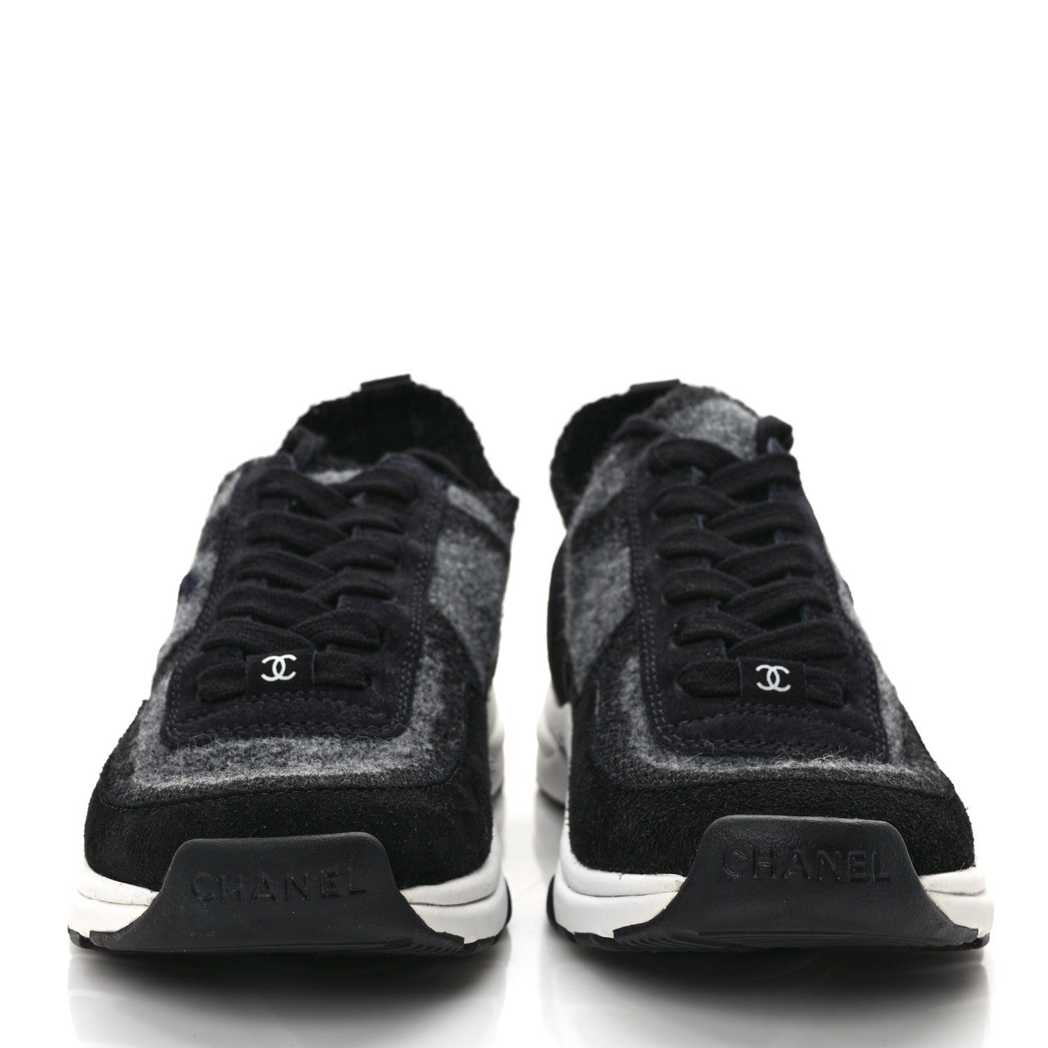 Chanel Fabric Suede Calfskin Womens CC Sneakers 36.5 Black Grey 2 of 7